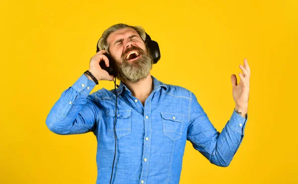 音乐节拍。噪声消除功能。男人留着胡子的嬉皮士耳机在听音乐。Dj hipster 。优秀的音乐演奏家。希斯特喜欢耳机中美妙的声音歌曲.韵律概念 — 图库照片