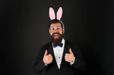 Paskalya günü. Etkinlik sunucusu. Paskalyayı kutlayın. Tavşanın olmama izin ver. Paskalya bayramını kutlayalım. Uzun kulaklı sakallı adam. Uzun kulaklı bir iş adamı. Yakışıklı adam tavşan kostümü giyiyor.