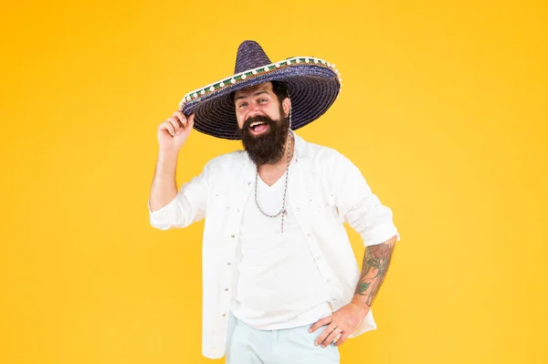 Travel agency. Tour in Mexico. National holiday. Energetic mexican artist. Mexican traditions. Explore mexican culture. Happy man sombrero hat. Summer vacation. Tourism concept. Hipster having fun — Stock Photo, Image