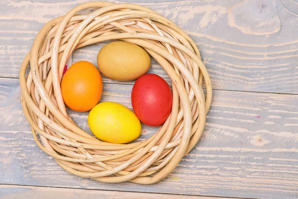 Spring holiday. Holiday celebration, preparation. Egg hunt. painted eggs in nest. copy space. Healthy and happy holiday. Happy easter. Greeting easter