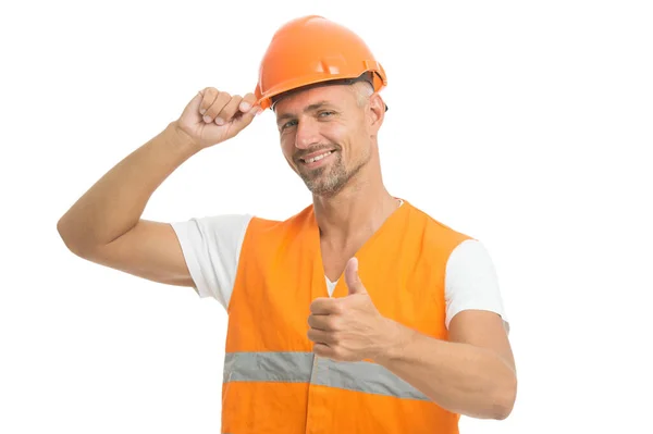 Inspetor controle. Controlo de arquitectos. Está tudo sob controlo. Conceito de segurança. Homem usar chapéu duro de proteção e uniforme. Construtor alegre. Conceito de equipamento de proteção. Construtor bonito — Fotografia de Stock