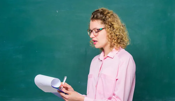 Report project. back to school. essay writing. teacher with document folder. next school year. Girl prepare for exams. copy space. student in glasses at blackboard. girl teacher at private lesson — Stock Photo, Image