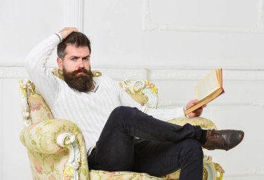 Edebiyat konsepti yansımaları. Düşünceli yüzün uzmanı kitabı okumayı bitirmiş. Edebiyat hakkında düşünen adam. Sakallı ve bıyıklı bir adam koltukta oturuyor, elinde kitap, beyaz duvar arkaplanı.