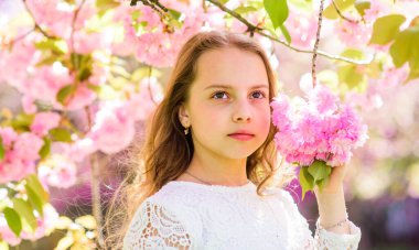 Çiçeklerle sakura dallarının altında duran hayalperest yüzlü kız, dağılmış. Şefkat kavramı. Tatlı çocuk bahar günü doğanın tadını çıkarıyor. Dışarıda uzun saçlı bir kız, arka planda kiraz çiçeği.