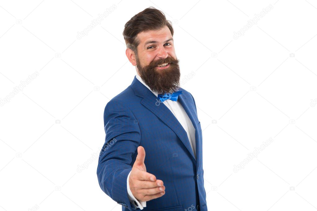 The best suit style. businessman going to shake hand. welcome and greeting gesture. successful male boss isolated on white. That is classical mens suit. company dress code. Hairdressing salon
