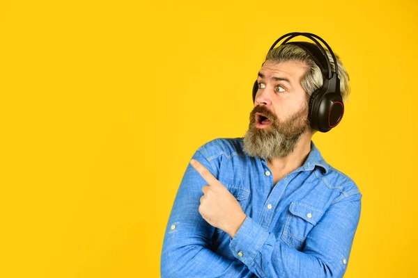 Popular music playlist. Man bearded hipster headphones listening music. Singer on rehearsal. Hipster enjoy excellent sound song in earphones. Music beat. Noise cancelling function. Dj hipster — Stock Photo, Image