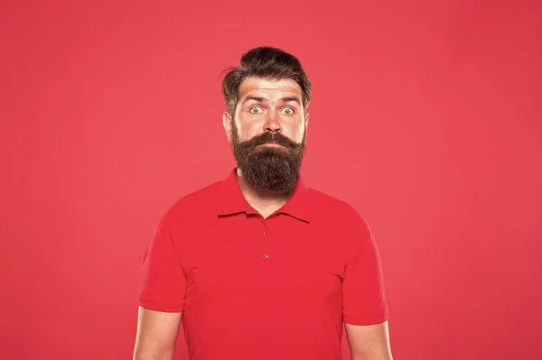 Hairstyle is kind of art. Well groomed hipster. Barbershop concept. Facial hair care. Hiring barber. Barber career. Barber salon. Man bearded hipster with long beard and mustache on red background — Stock Photo, Image