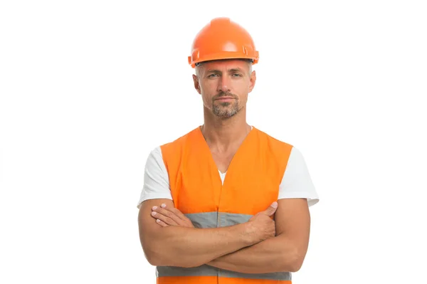 Progettare il futuro. Uomo maturo in casco. Lavora in cantiere. Costruttore in giubbotto protettivo e casco. Operaio edile isolato bianco. Ingegneria per una vita migliore. Progettazione edilizia. Architetto di design — Foto Stock