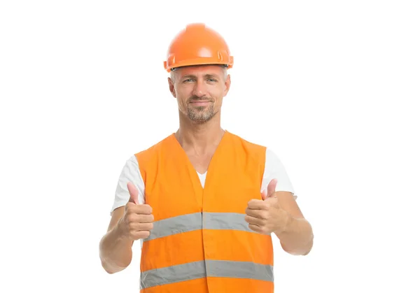 Melhoria. Projecto ambicioso. Engenheiro de sucesso. Bonito construtor. Homem capacete protetor uniforme fundo branco. Trabalhador construtor confiante e bem sucedido. Conceito de sucesso. Construtor sorridente rosto — Fotografia de Stock