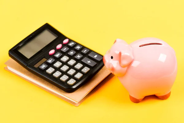 Banking account. Earn money salary. Money budget planning. Financial wellbeing. Calculate profit. Piggy bank pink pig and calculator. Economics and finance. Credit concept. Money saving. Save money