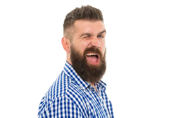 Hipster with mustache and beard happy face expression. Happiness concept. Psychological health. Happy emotional guy. Emotional intellect. Happy man on white background. Bearded man smiling — Stock Photo, Image