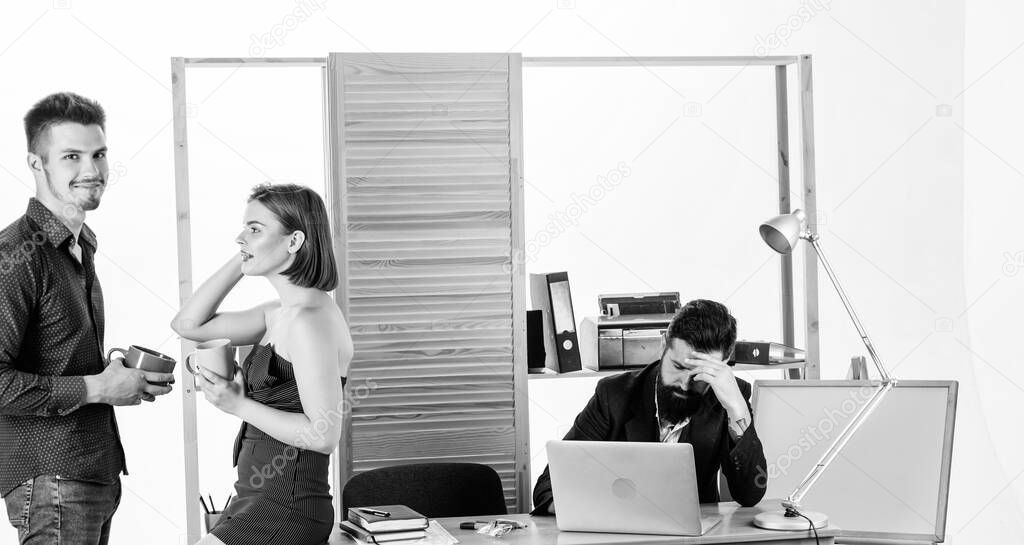 Flirting and seduction. Flirting with coworker coffee break. Woman flirting with coworker. Woman attractive working man colleague. Office collective concept. More than just friends. Sexual desire