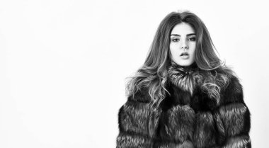 Kürk mağaza model yumuşak tüylü sıcak kürkle poz. Güzel fashionista. Kadın makyaj ve saç veya samur vizon kürk manto poz. Kürk moda kavramı. Kış elit lüks kıyafetler. Kadın kahverengi kürk manto