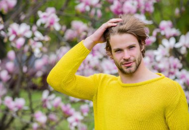 Botanik ve doğa. Tazelik ve uyanış. Adam çiçek parkında rahatlıyor. Botanik bahçesi. Yumuşak çiçekler. Hippi çiçeğin tadını çıkarır. İlkbahar konsepti. Erkek çiçekli arka plan çözüldü. Bahar güzeli