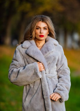 Sade ve sıcak. Çekici bir kadın. Hoş bir sonbahar kıyafeti. Kış moda trendleri. Lüks segment markası. Kürk butiği. Yumuşak ceketli kürklü doku. Seksi kırmızı dudaklı kadın kürk giyiyor. Kürklü iş kadını
