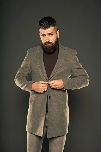 Classy but modern. Fashion outfit. Masculine look. Brutal hipster man. Hipster wearing casual clothes. Hipster beard and stylish haircut. Bearded man trendy hipster style. Monochrome style outfit — Stock Photo, Image