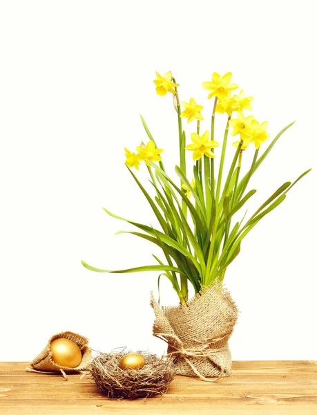 Spring yellow narcissus, golden easter egg in burlap sack — Stock Photo, Image