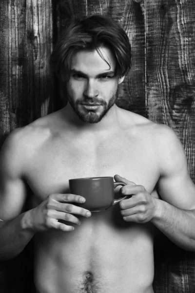 Caucasian bearded sexy macho man holding cup or mug — Stock Photo, Image