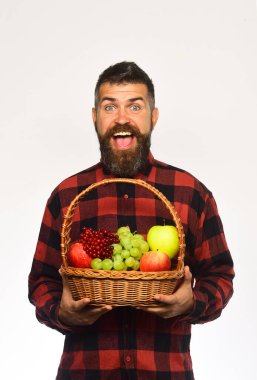 Adam kendi ekinlerini biçiyor. Sakallı adam meyve sepeti tutuyor.