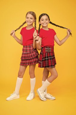 Güçlü saçlar. Çocuklar uzun örgülü saçile neşeli oyun. Mutlu anlar. Çocuklar kız kardeşler neşeli ruh hali içinde en iyi arkadaş. Güçlü ve sağlıklı saçlar yetiştirin. Saç bakım konsepti. Güzel kız kardeşler