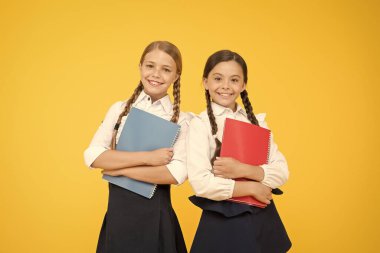 Kardeşlik. Çocuklar dilbilgisi öğrenme. geri okula. Okul üniformalı küçük kızlar. okuma hikayesi. Çocuk edebiyatı. sözlük Notebook. Bilgi alın. çalışma kitabı ile neşeli sınıf arkadaşları