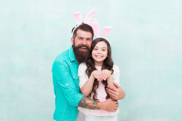 Better together. Spring holiday. Easter activities for family. Happy easter. Holiday bunny long ears. Family tradition concept. Dad and daughter bunny ears. Father and child celebrate easter