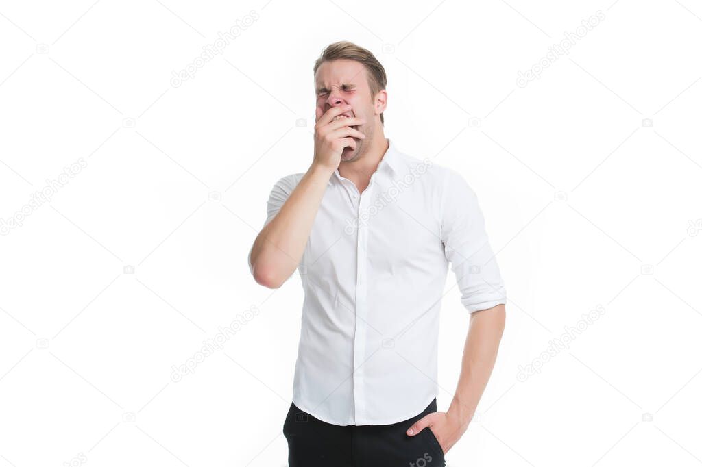 Sleepy all day. Sleepy guy give yawn isolated on white. Handsome man with sleepy look. Early morning or late evening. Being tired or bored. Tiredness and fatigue. He feels sleepy