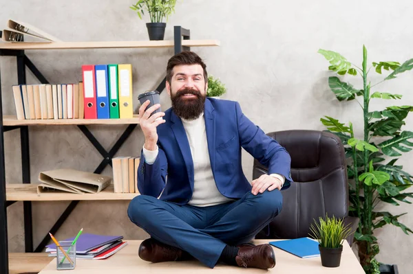 Feeling free. Self care. Relaxation techniques. Mental wellbeing and relax. Man bearded manager formal suit sit lotus pose relaxing. Prevent professional burnout. Way to relax. Meditation yoga — Stock Photo, Image