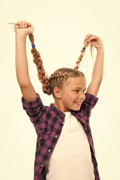 Having fun. Hairstyle diy. Girl long braids. Fashion trend. Fashionable cutie. Female hairstyle. Adorable child nice hairstyle. Happy childhood. Small girl with long braided hair. Hairdresser salon — Stock Photo, Image