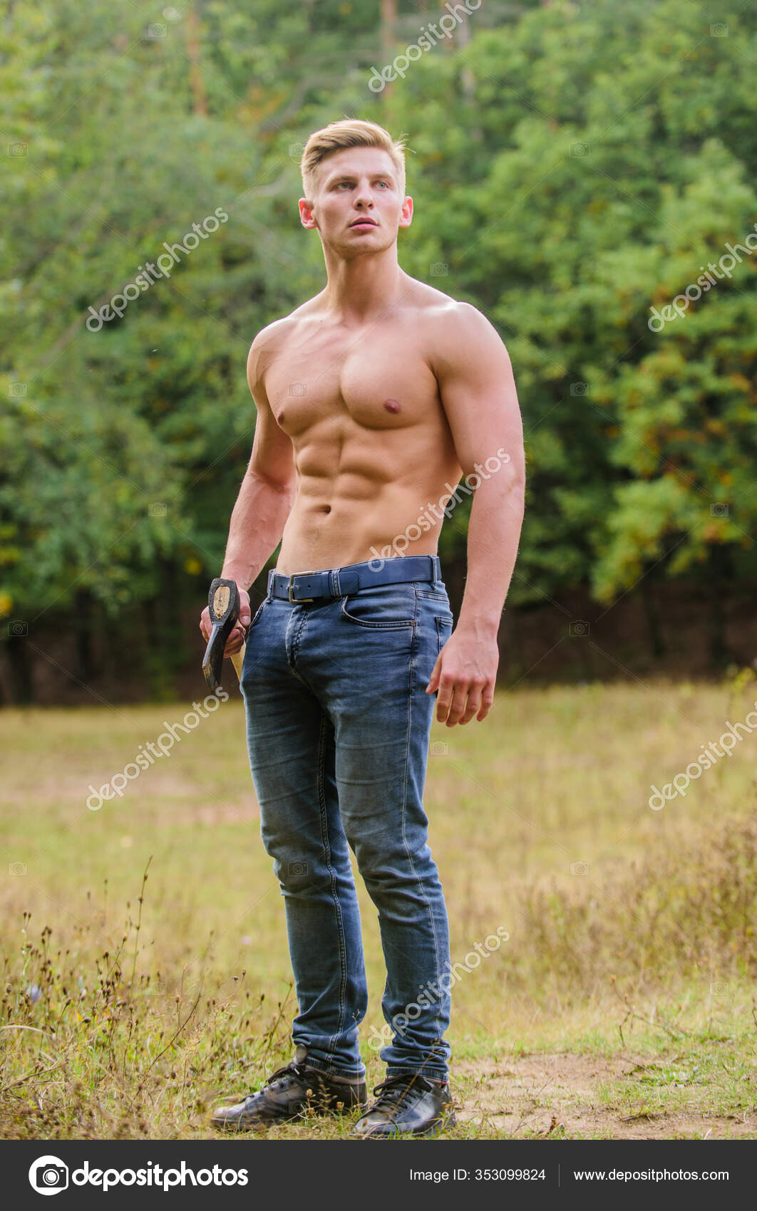 Full of energy. brutal and attractive male in wood. bodybuilder show