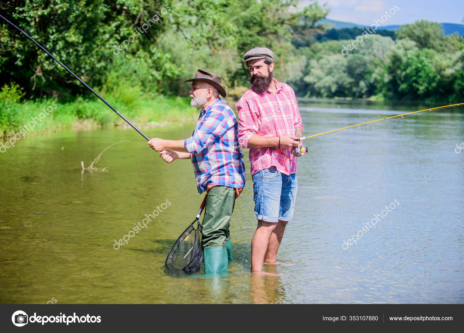 Fisherman fishing equipment. Fisherman grandpa and mature man