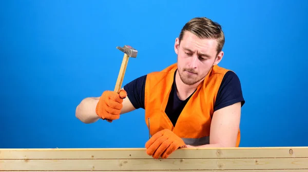 Carpenter, woodworker on busy face hammering nail into wooden board. Man, labourer, handyman in bright vest and gloves handcrafting, blue background, copy space. Building and construction concept.