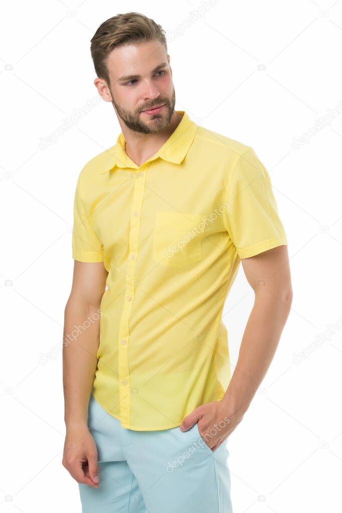 Spring collection. Casual style. Man posing confidently. Man attractive in casual shirt. Fashion model wear casual shirt. Feel comfortable in simple outfit. Casual comfortable outfit. Modern style