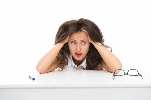 Shocked business woman. full of work. oh my god. stressed with hand on head. shocked with shame and surprise face. angry and frustrated lady. feeling fear and upset for mistake. back to school — Stock Photo, Image