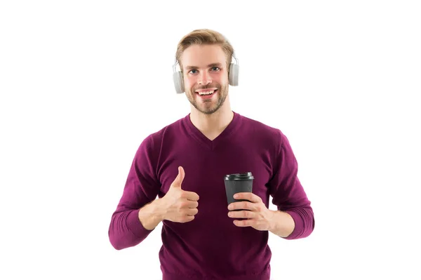 Coffee and good music. Improving own mood. Noise Reduction. Modern and contemporary music. Wireless Earpiece. Handsome guy wear headphones. Man student listen modern music. Modern technology — Stock Photo, Image