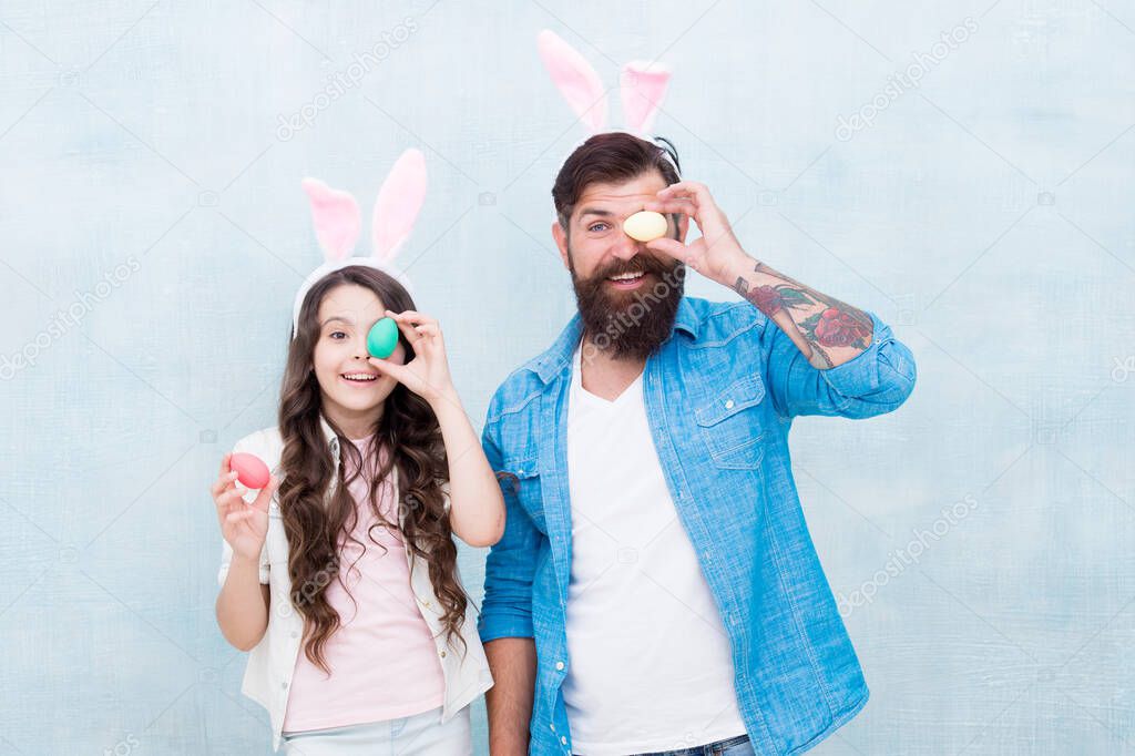 Best day ever. Happy family preparing for Easter. happy family time. father and small kid celebrate Easter. smiling and laughing. rabbit party time. prepare the holiday. Having fun on Easter egg hunt