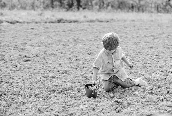 Ребенок веселится с маленькой лопатой и растением в горшочке. Посадка в поле. Сажаем саженцы. Маленький помощник в саду. Мальчик сидит на земле, сажая цветок в поле. Весело провести время на ферме. Садоводческая концепция — стоковое фото