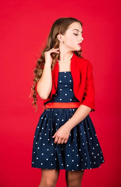 Following her personal style. old school. hair waving and care. healthy strong hair. shampoo for brunette locks. elegant retro kid. vintage fashion lady. child long curly hair. small girl makeup