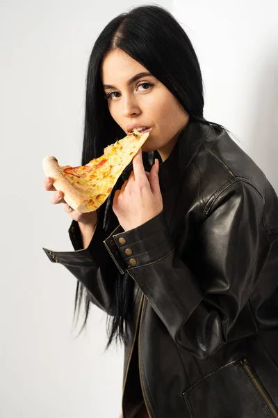 Best food is eaten with your hands. Sensual woman bite pizza slice. Pretty girl eat baked food. Ready to eat food. Pizzeria menu. Pizza shop. Italian style of food. Order now — Stock Photo, Image