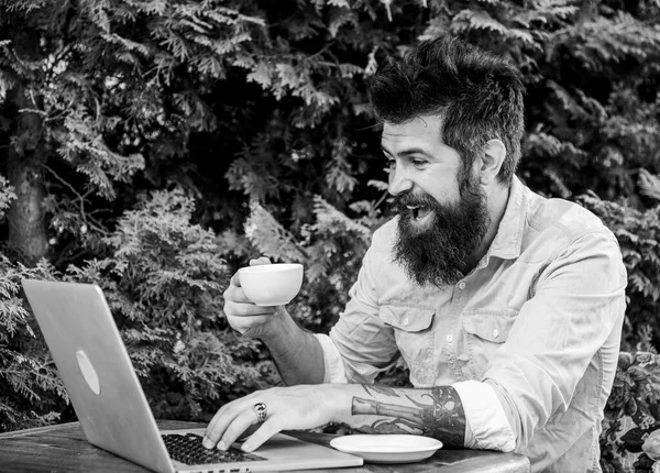 Computer game addiction. Happy hipster playing computer game in summer cafe. Bearded man player enjoying free online game and coffee. Gamer participating in pc game played on laptop