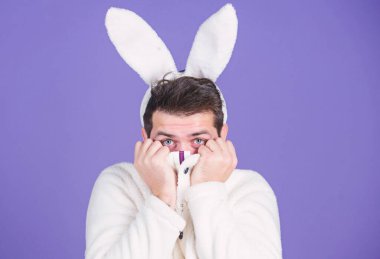 Adam yakışıklı yüzü giyim beyaz tavşan kulaklar. Paskalya tavşanı. Beyaz bunny Paskalya tatili sembolü. Yumuşak ve yumuşak. Adam uzun bunny veya tavşan kulaklara Menekşe arka plan ile. Hassasiyet tadını çıkarın. Sevimli tavşan