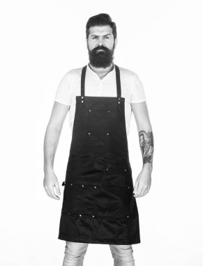 Garson ya da barmen. Servis içkisi hazır. Sakallı hipster önlük giyer. Adam acımasız hipster pişirir. Fast food restoran. Ciddi bir sakallı aşçı. Restoran personeli. Hipster profesyonel barista apron üniforma