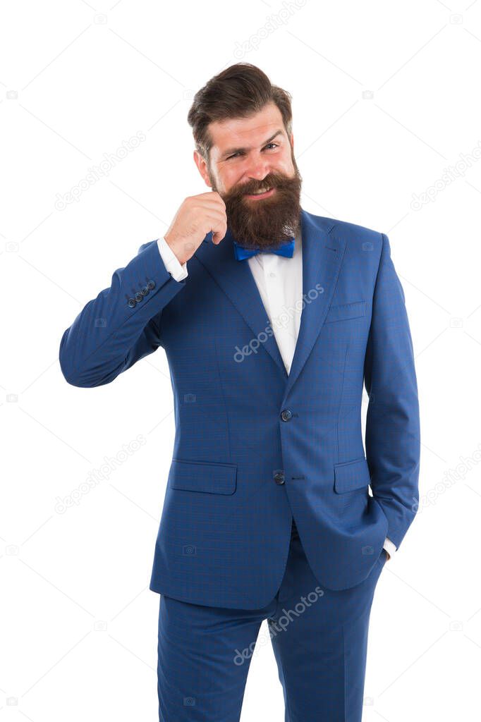 Buying bespoke suit. custom tailored suit for him. happy man touch moustache. business suits on any occasion. ready for job interview. classical jacket design. beard hair care. mature and charismatic