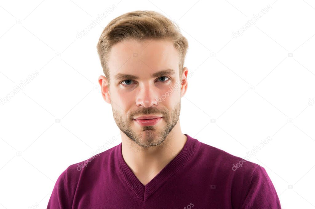 Facial care. charismatic guy. handsome unshaven man isolated on white. man wear purple jumper. male beauty standards. autumn fashion for men. confident businessman has stylish haircut