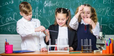 Okul laboratuarı. Kızlar ve erkek sıvılarla deney yapıyorlar. Renkli sıvı maddelerle test tüpleri. Sıvı durumları inceleyin. Test tüplü grup okul öğrencileri kimyasal sıvılar üzerinde çalışıyorlar.