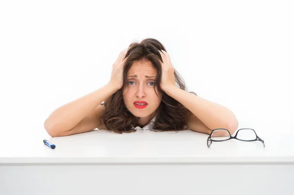 Desperate secretary. Overworked business woman in office. Sexy lady with red lips. Tired woman suffer headache. Smart teacher exhausted. Burnout concept. Emotional burnout. Burnout common problem — Stock Photo, Image