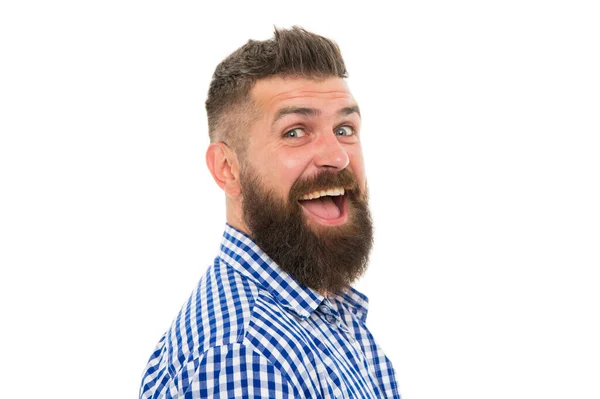 Um tipo emotivo feliz. Intelecto emocional. Homem feliz no fundo branco. Homem barbudo a sorrir. Hipster com bigode e barba expressão facial feliz. Conceito de felicidade. Saúde psicológica — Fotografia de Stock