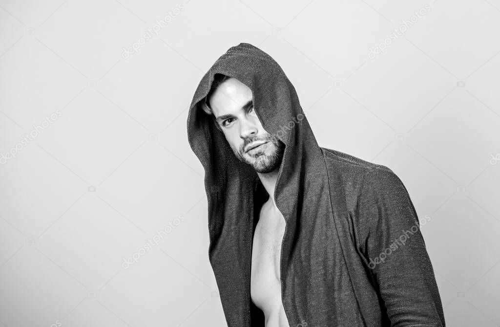 Confident in his style. man in trendy hooded jacket. perfect torso body of muscular man. male fashion and beauty. sexy macho in denim style. fitness dieting for good shape. Guy fashion model