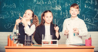 Okulun kimya dersi. Renkli maddeli test tüpleri. Okul laboratuarı. Grup öğrencileri kimyasal sıvılar üzerinde çalışıyor. Kızlar ve erkek öğrenciler sıvılarla okul deneyi yapıyorlar. Sonucu kontrol et