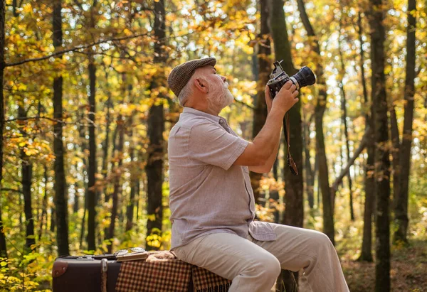 Sessão de Outono. Velho atira na natureza. Paisagem e natureza foto de tiro. Usando tiro de mão. Hobby e estilo de vida. Fotografar, filmar e filmar. Fotocaça de queda — Fotografia de Stock